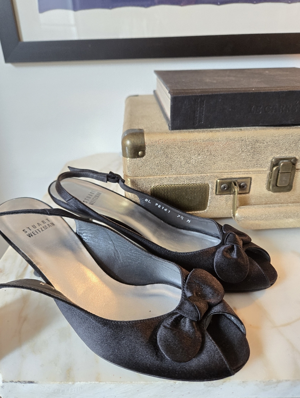 Stuart Weitzman Black Satin Slingback Mules with Bow Accent